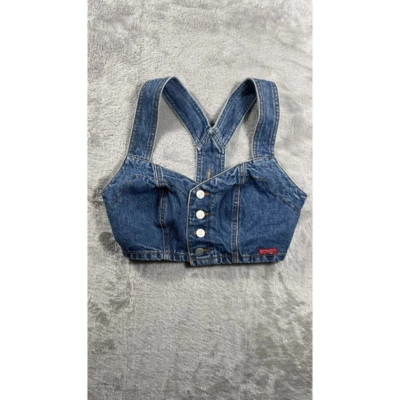 Bongo Vintage Y2k Womens Denim Vest Halter Crop Top Grunge 90s Rare Made In USA - Picture 1 of 9